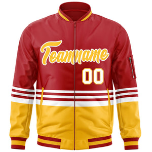 Custom Red Gold-White Varsity Full-Zip Color Block Letterman Bomber Jacket