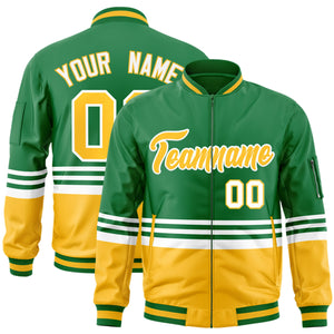 Custom Kelly Green Gold-White Varsity Full-Zip Color Block Letterman Bomber Jacket