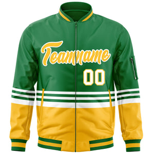 Custom Kelly Green Gold-White Varsity Full-Zip Color Block Letterman Bomber Jacket