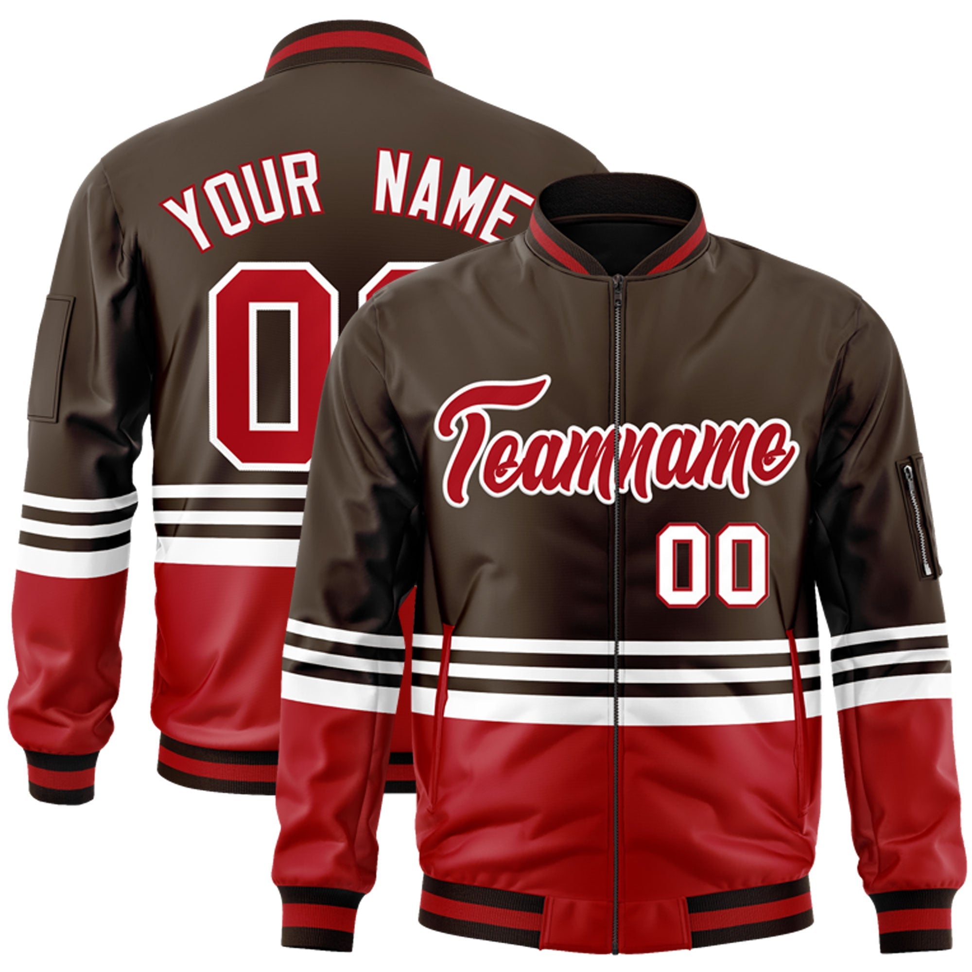 Custom Brown Red-White Varsity Full-Zip Color Block Letterman Bomber Jacket