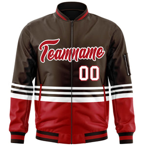 Custom Brown Red-White Varsity Full-Zip Color Block Letterman Bomber Jacket