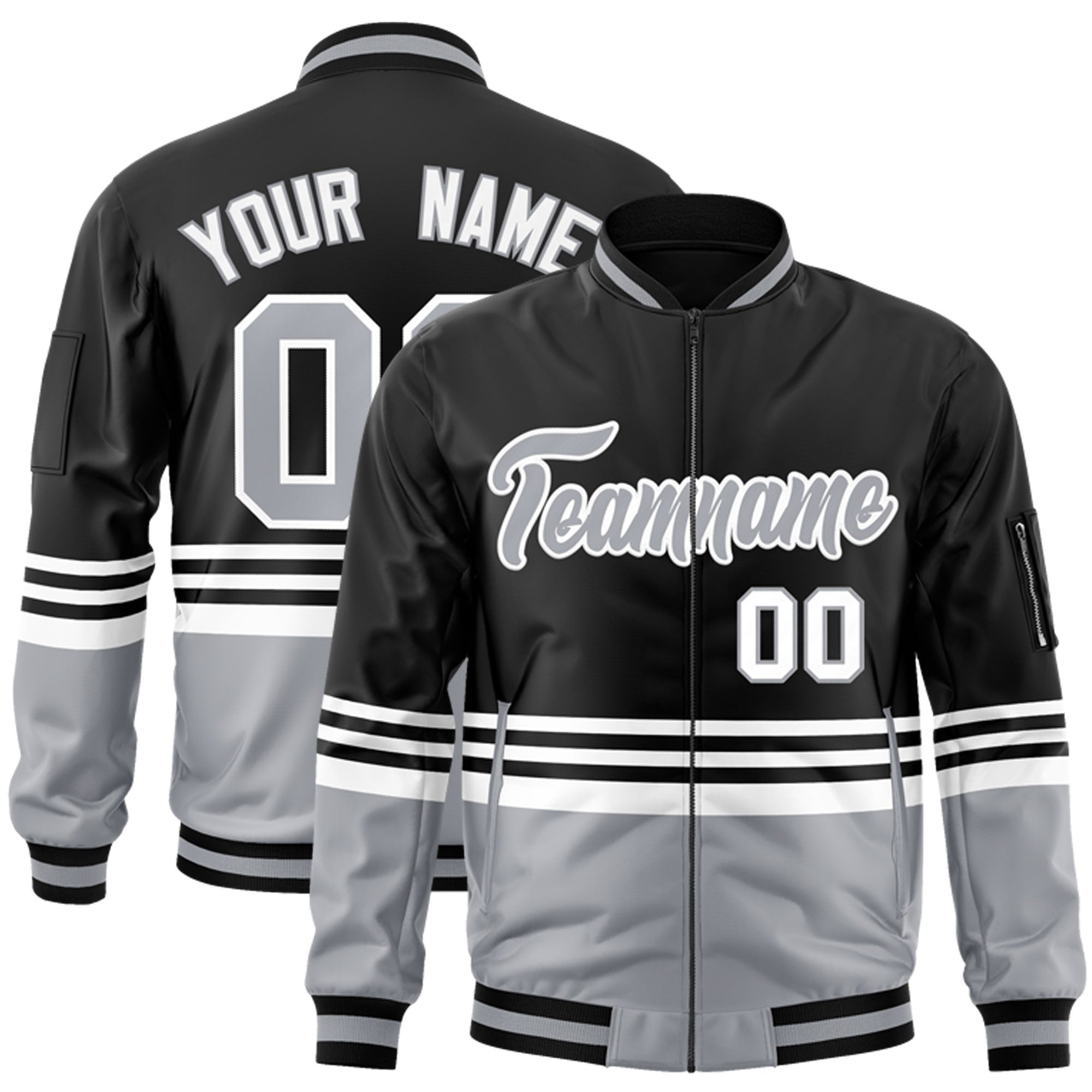 Custom Black Gray-White Varsity Full-Zip Color Block Letterman Bomber Jacket