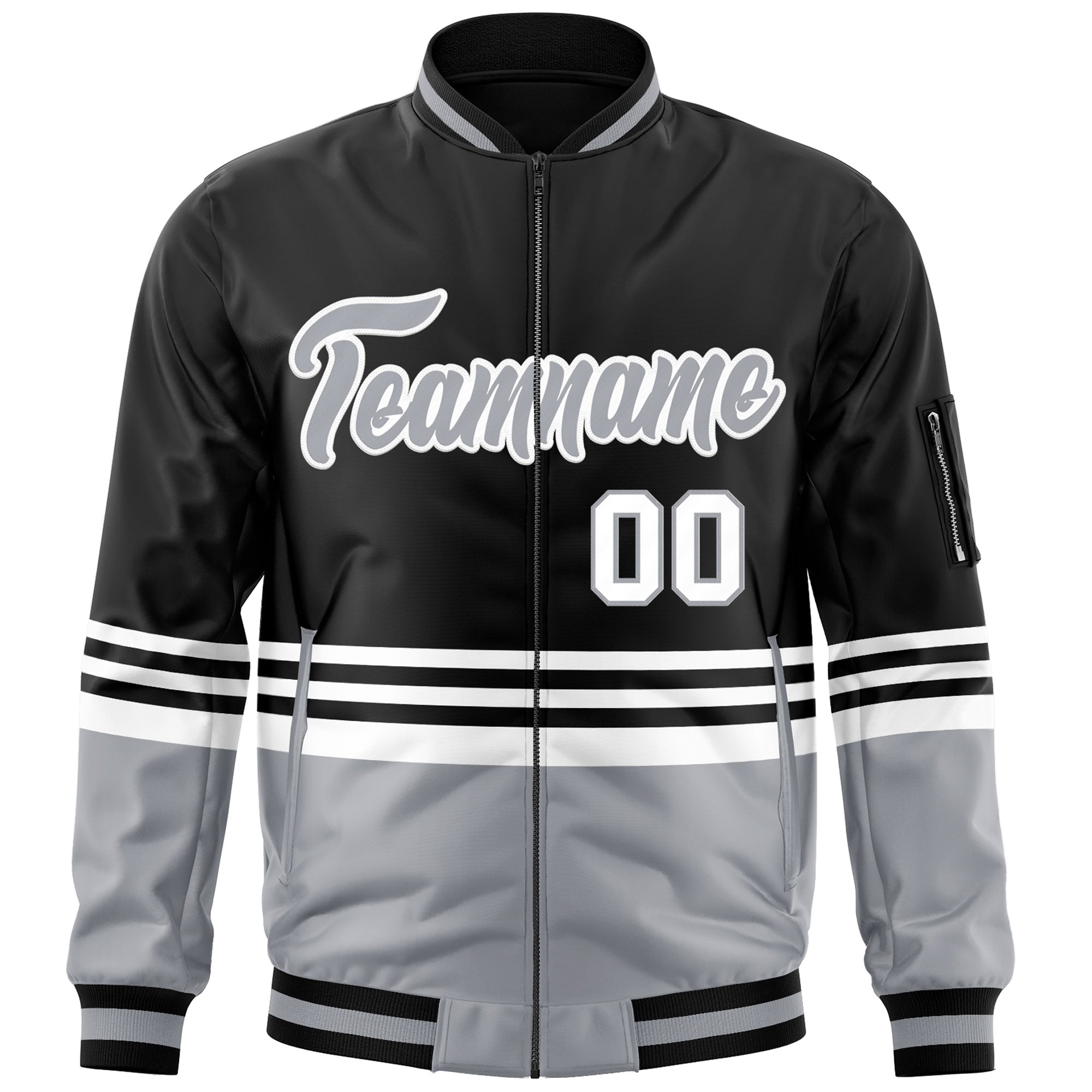 Custom Black Gray-White Varsity Full-Zip Color Block Letterman Bomber Jacket