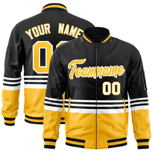 Custom Black Gold-White Varsity Full-Zip Color Block Letterman Bomber Jacket