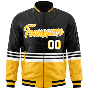 Custom Black Gold-White Varsity Full-Zip Color Block Letterman Bomber Jacket