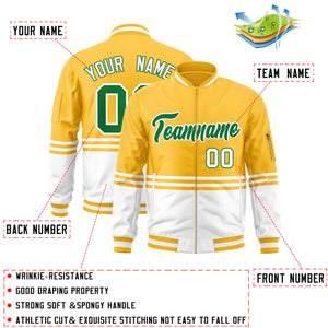 Custom Gold Kelly Green-White Varsity Full-Zip Color Block Letterman Bomber Jacket