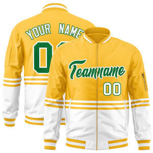 Custom Gold Kelly Green-White Varsity Full-Zip Color Block Letterman Bomber Jacket