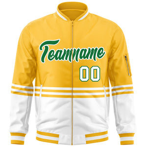 Custom Gold Kelly Green-White Varsity Full-Zip Color Block Letterman Bomber Jacket