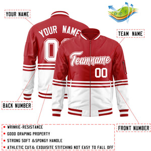 Custom Red White-Red Varsity Full-Zip Color Block Letterman Bomber Jacket