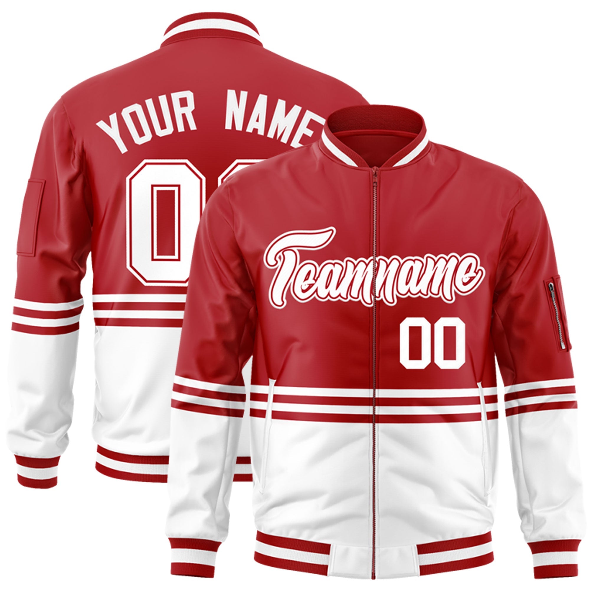 Custom Red White-Red Varsity Full-Zip Color Block Letterman Bomber Jacket