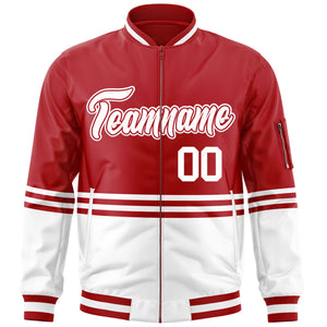 Custom Red White-Red Varsity Full-Zip Color Block Letterman Bomber Jacket