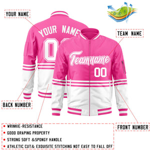 Custom Pink White-Pink Varsity Full-Zip Color Block Letterman Bomber Jacket