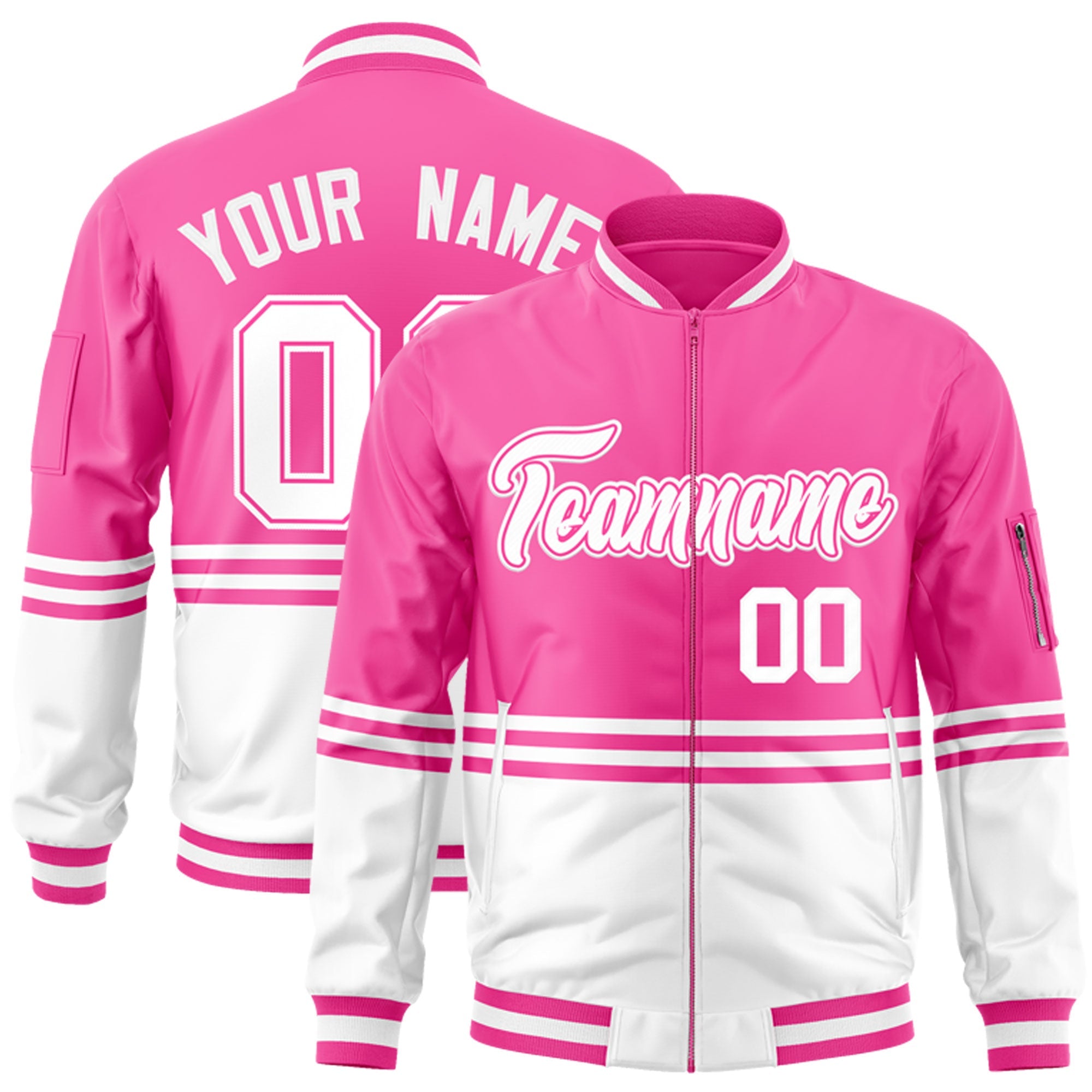 Custom Pink White-Pink Varsity Full-Zip Color Block Letterman Bomber Jacket