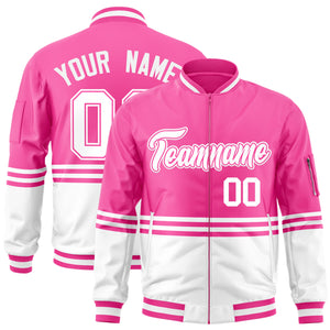 Custom Pink White-Pink Varsity Full-Zip Color Block Letterman Bomber Jacket