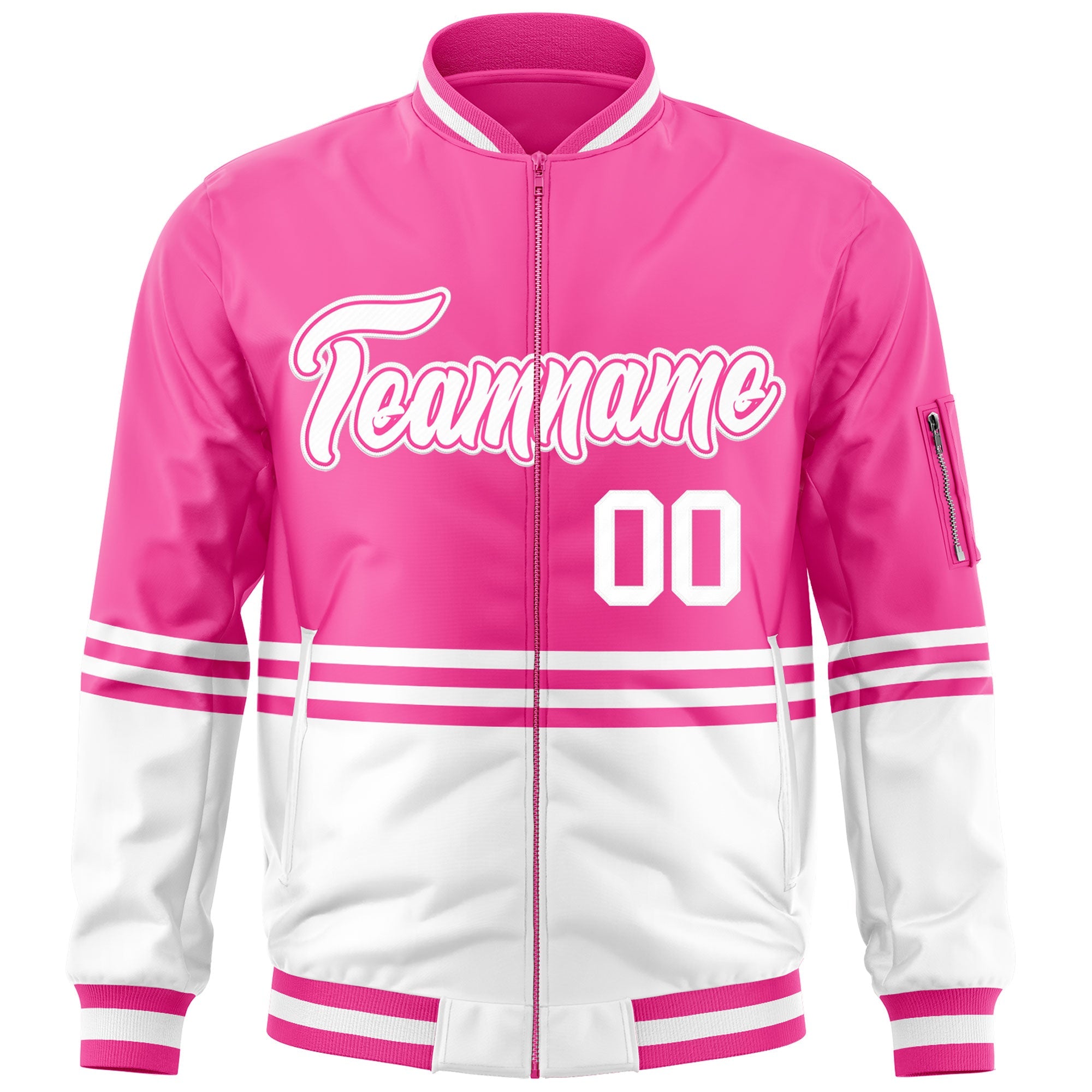 Custom Pink White-Pink Varsity Full-Zip Color Block Letterman Bomber Jacket