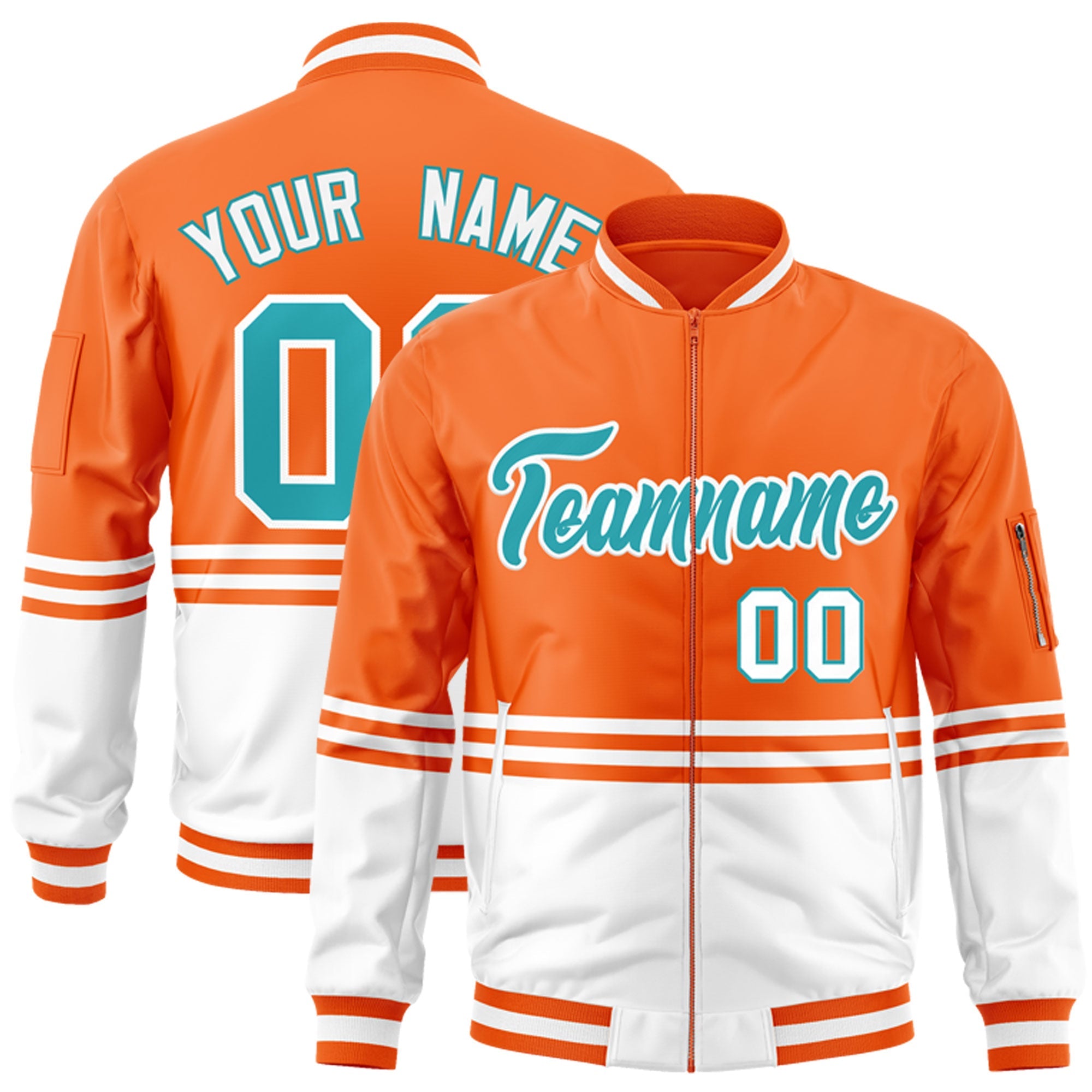 Custom Orange Aqua-White Varsity Full-Zip Color Block Letterman Bomber Jacket