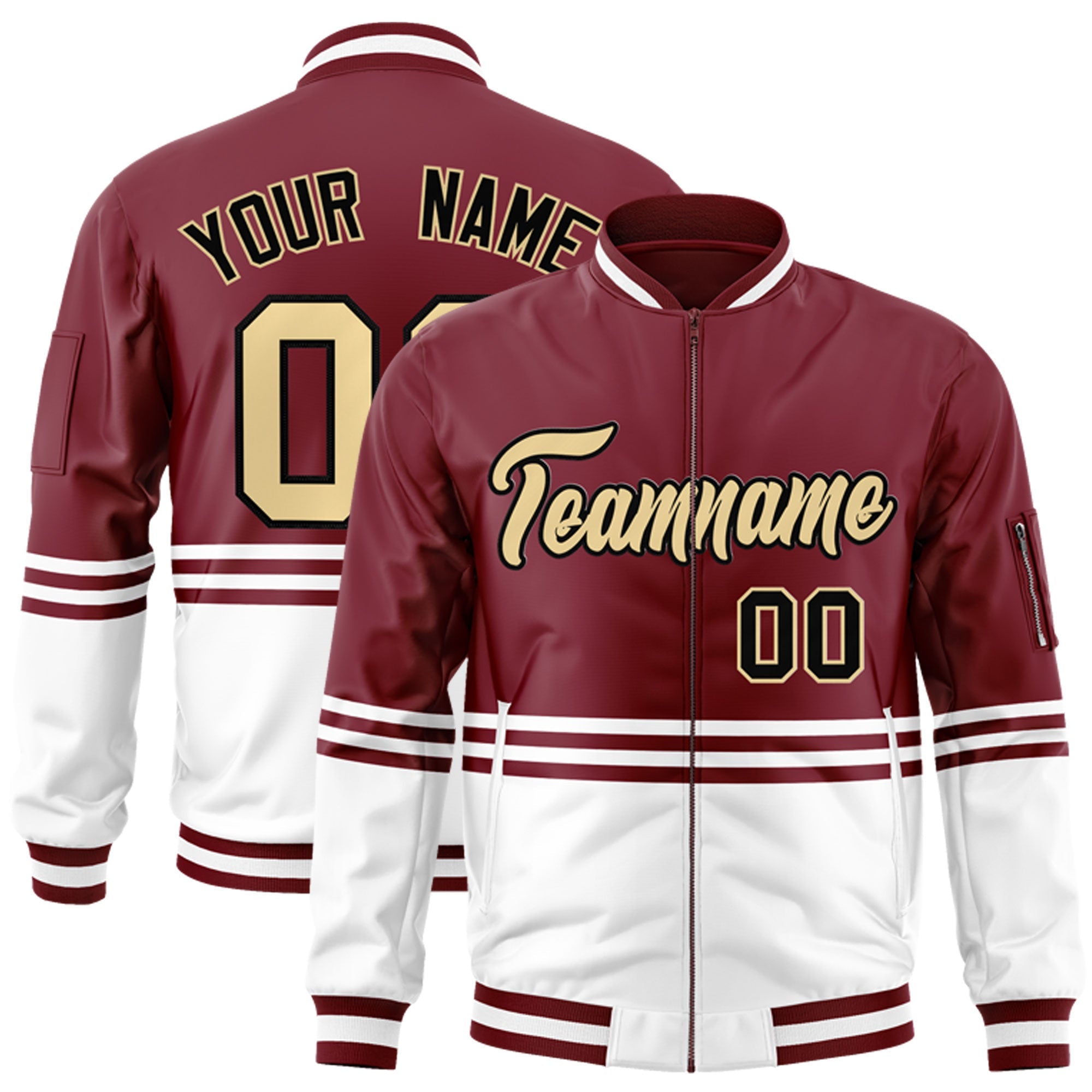 Custom Crimson Khaki-Black Varsity Full-Zip Color Block Letterman Bomber Jacket