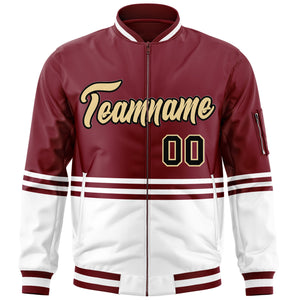 Custom Crimson Khaki-Black Varsity Full-Zip Color Block Letterman Bomber Jacket