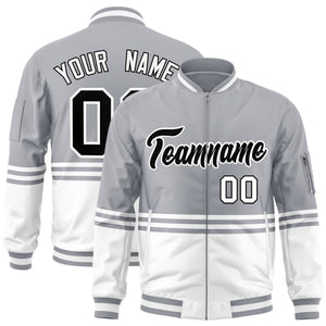 Custom Gray Black-White Varsity Full-Zip Color Block Letterman Bomber Jacket