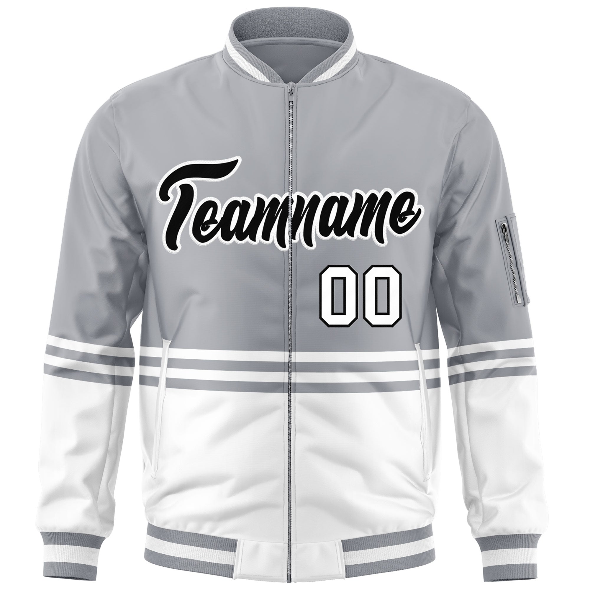 Custom Gray Black-White Varsity Full-Zip Color Block Letterman Bomber Jacket