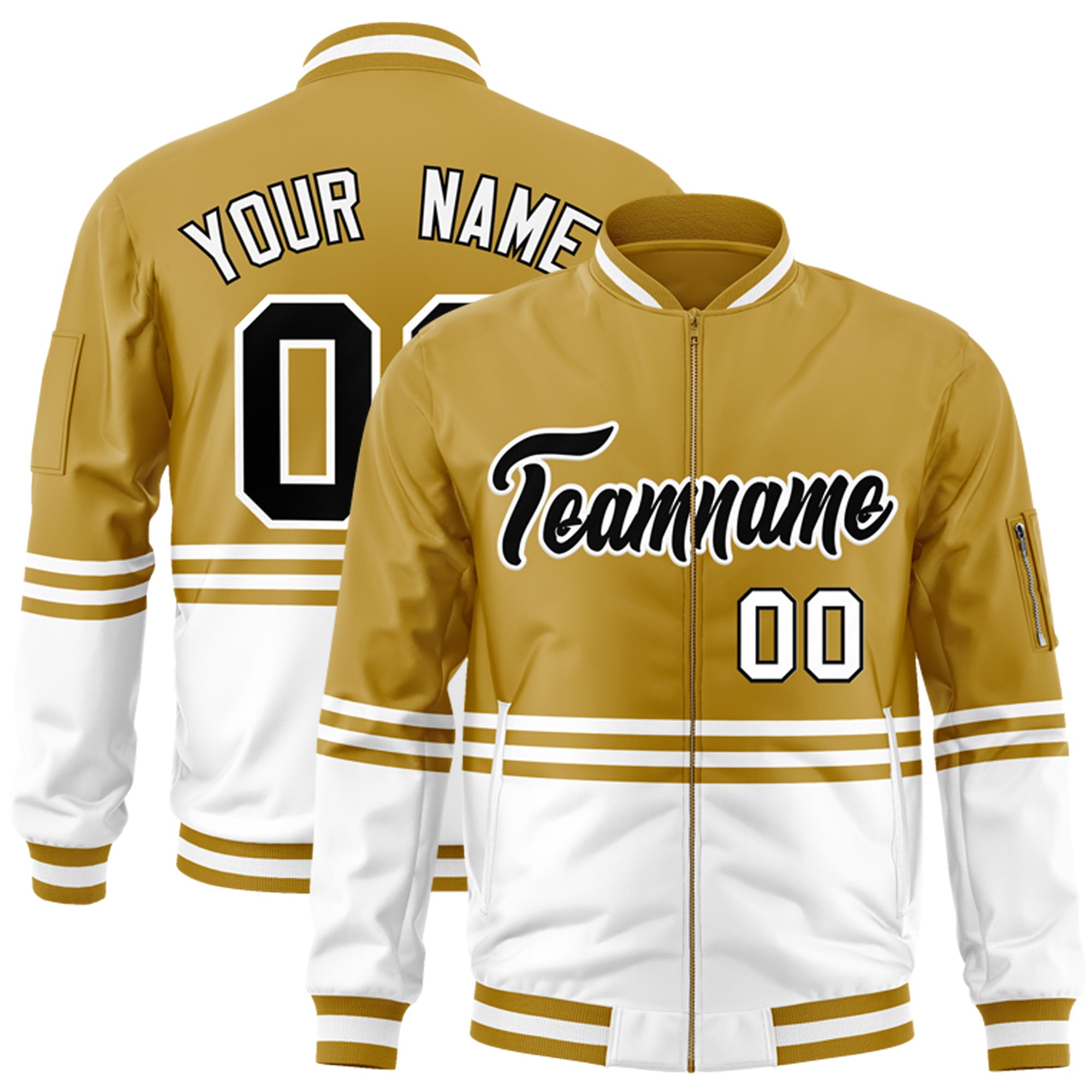 Custom Old Gold Black-White Varsity Full-Zip Color Block Letterman Bomber Jacket