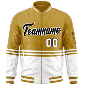 Custom Old Gold Black-White Varsity Full-Zip Color Block Letterman Bomber Jacket