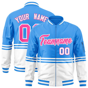 Custom Powder Blue Pink-White Varsity Full-Zip Color Block Letterman Bomber Jacket