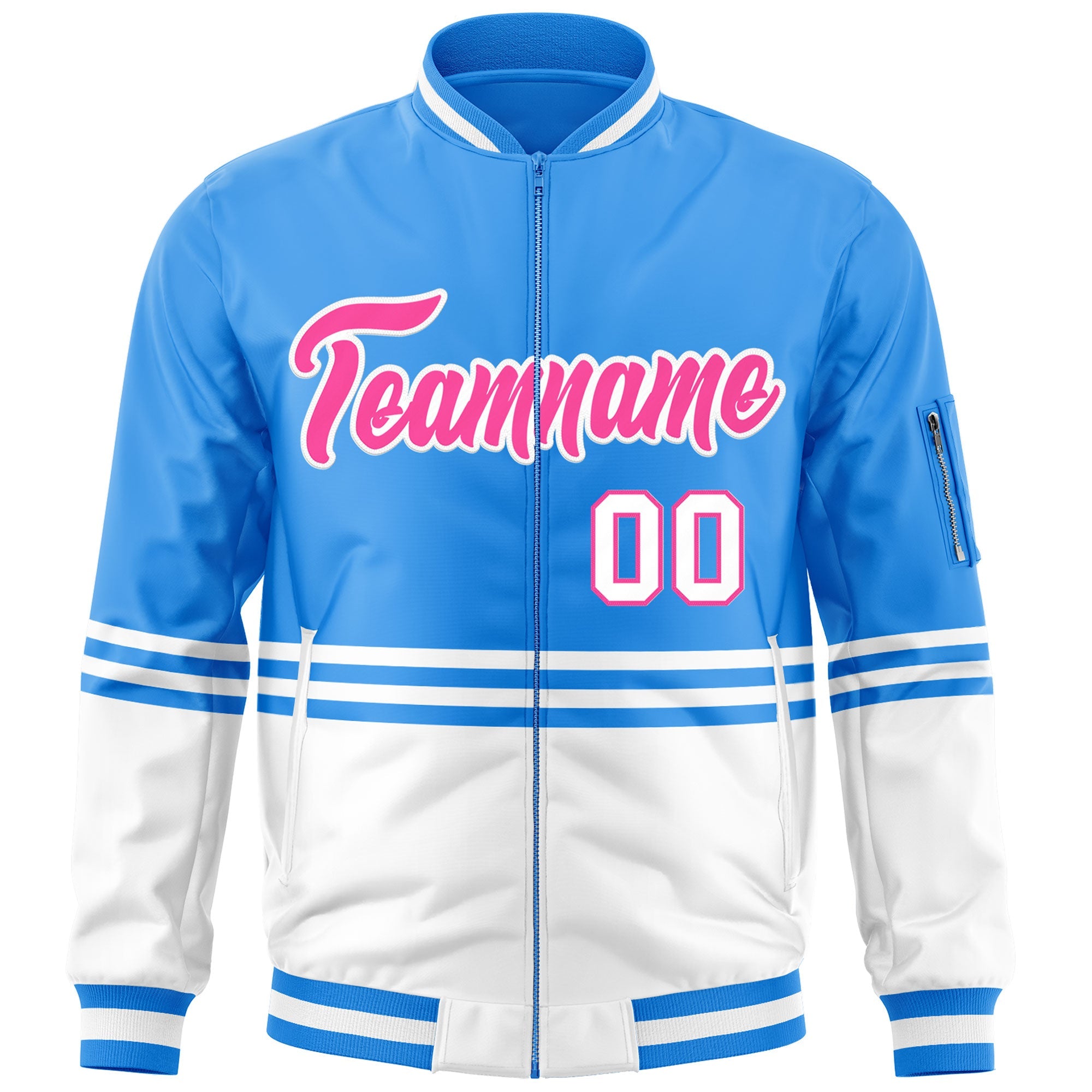 Custom Powder Blue Pink-White Varsity Full-Zip Color Block Letterman Bomber Jacket