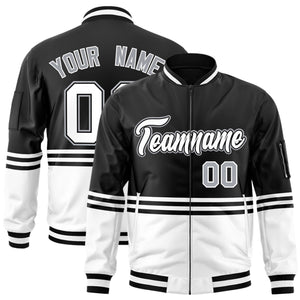 Custom Black White-Black Varsity Full-Zip Color Block Letterman Bomber Jacket