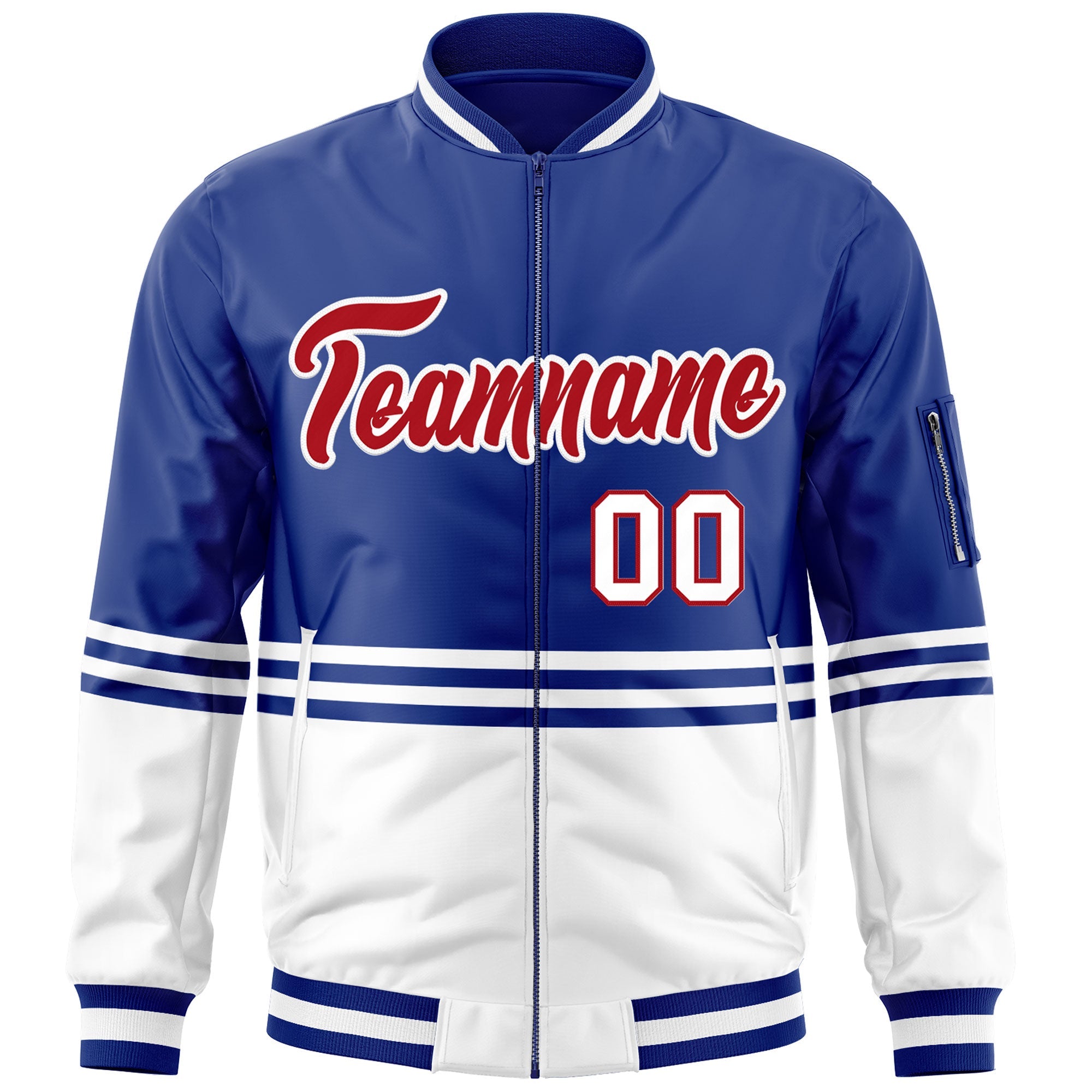 Custom Royal Red-White Varsity Full-Zip Color Block Letterman Bomber Jacket