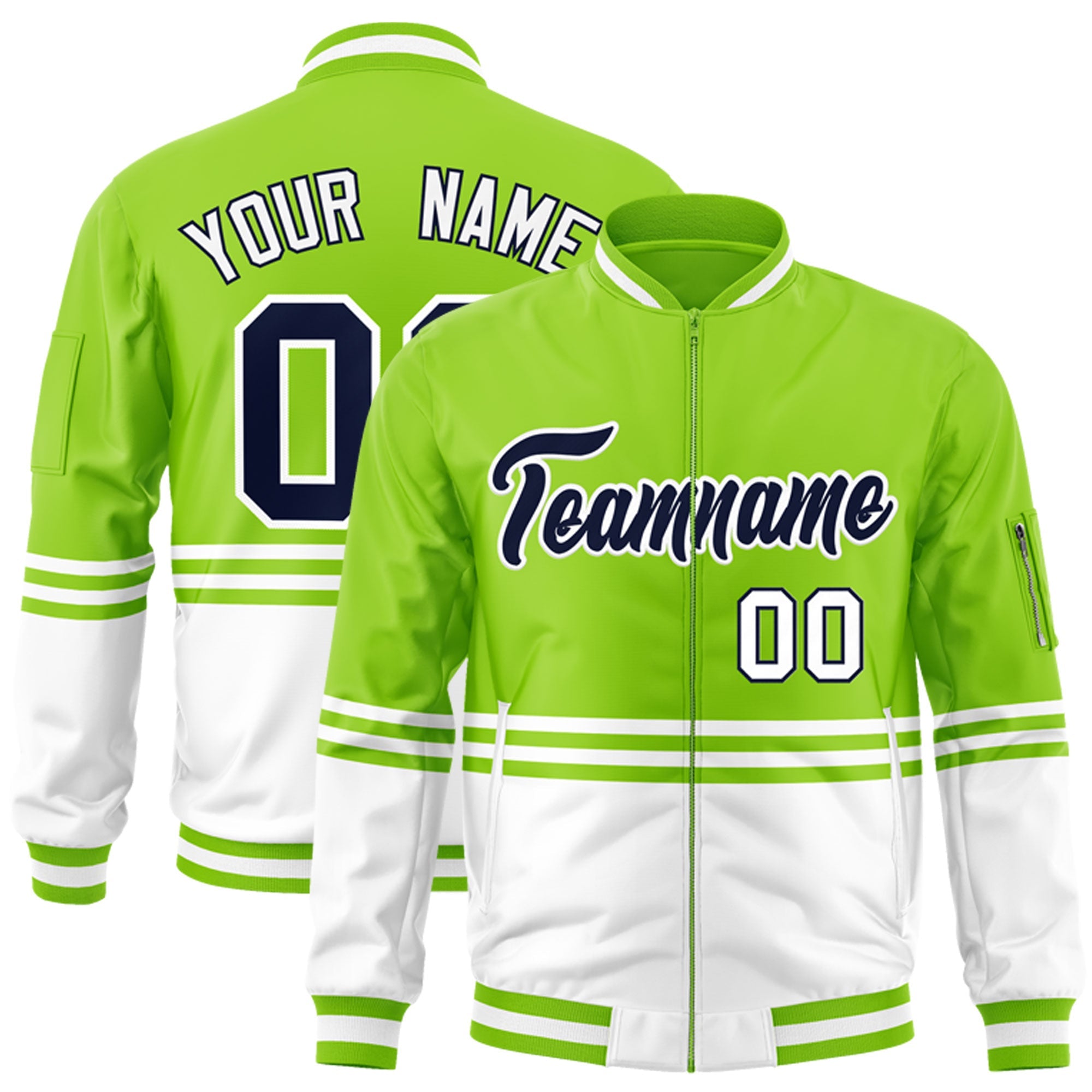 Custom Neon Green Navy-White Varsity Full-Zip Color Block Letterman Bomber Jacket