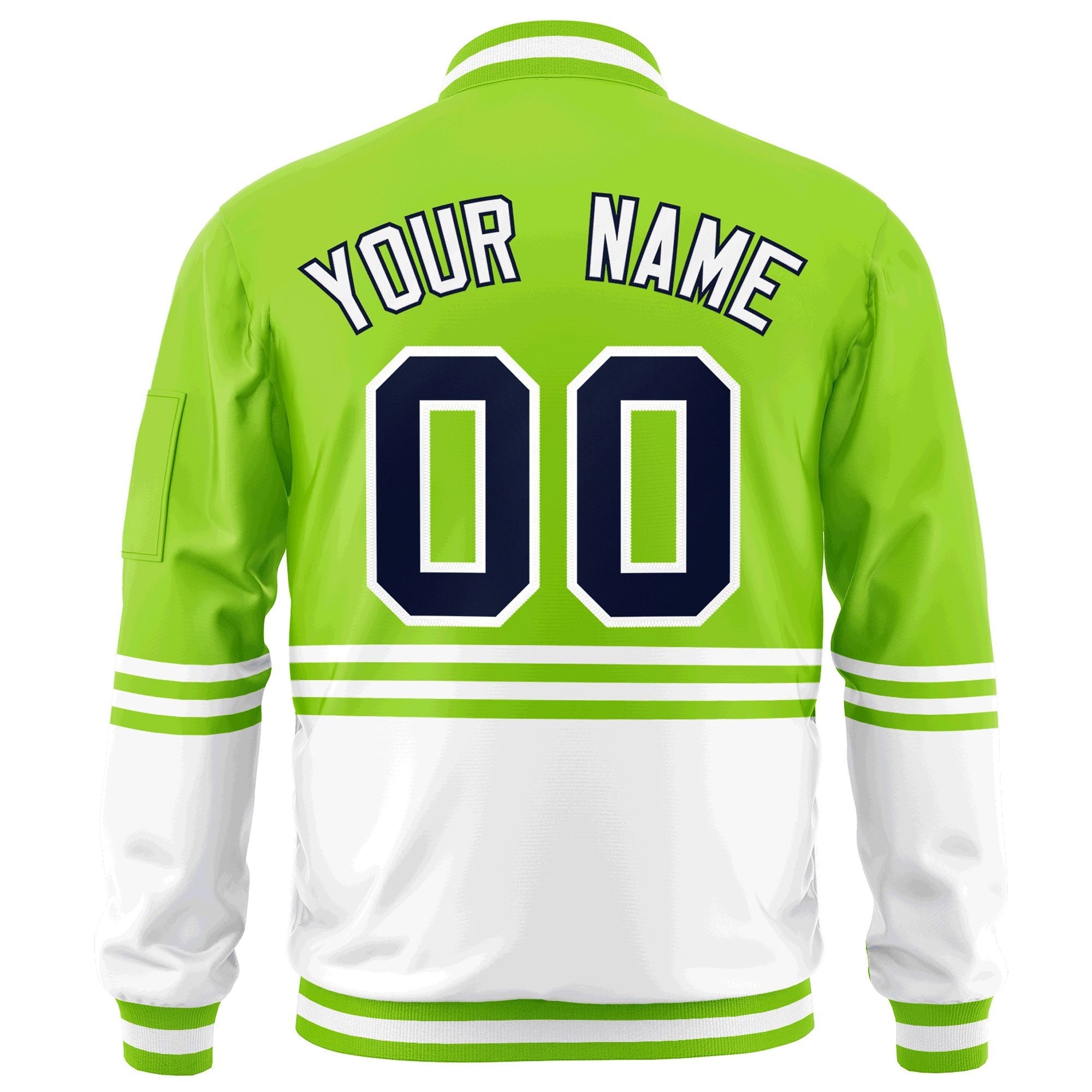 Custom Neon Green Navy-White Varsity Full-Zip Color Block Letterman Bomber Jacket