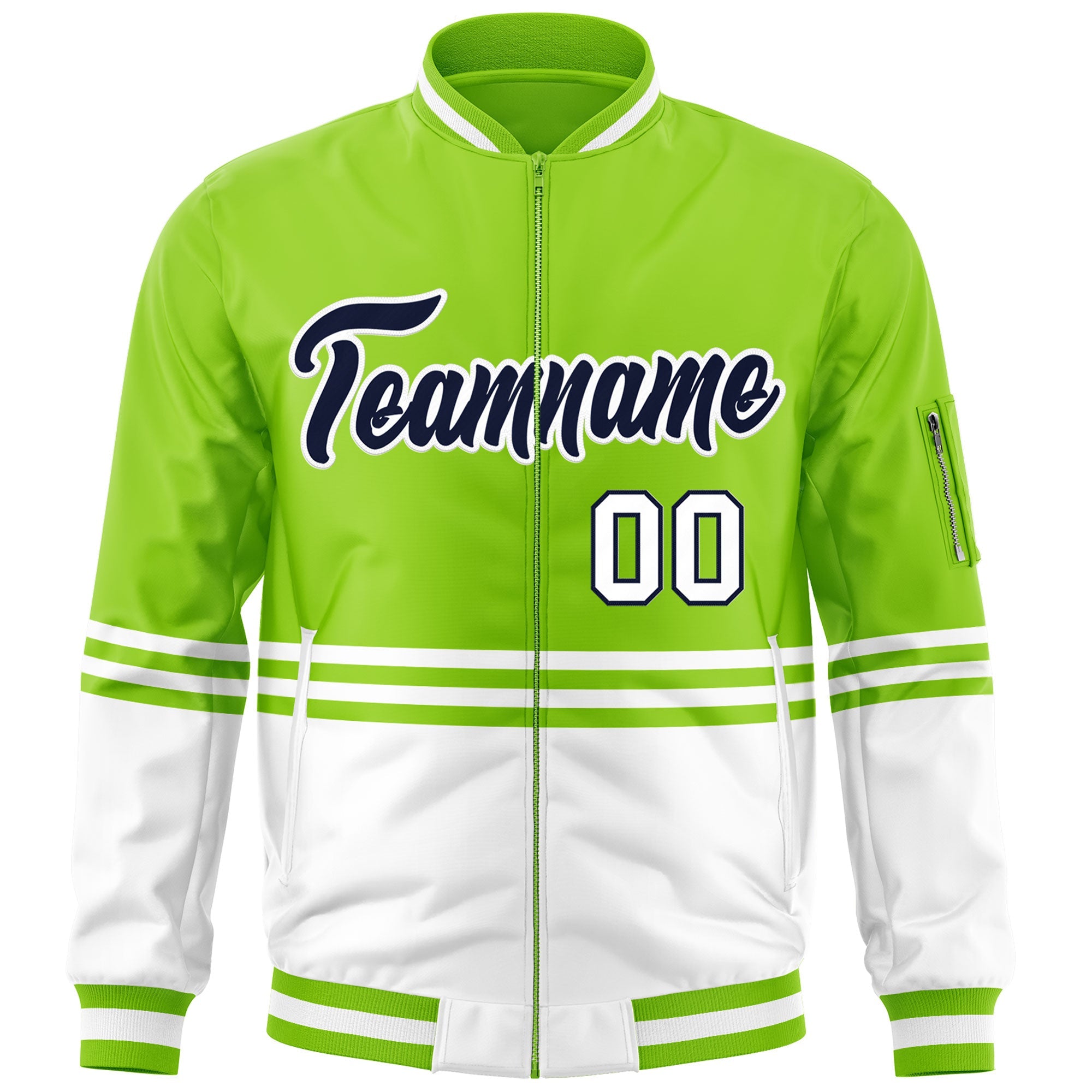 Custom Neon Green Navy-White Varsity Full-Zip Color Block Letterman Bomber Jacket