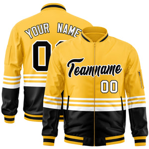 Custom Gold Black-White Varsity Full-Zip Color Block Letterman Bomber Jacket