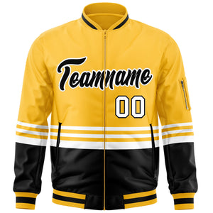 Custom Gold Black-White Varsity Full-Zip Color Block Letterman Bomber Jacket