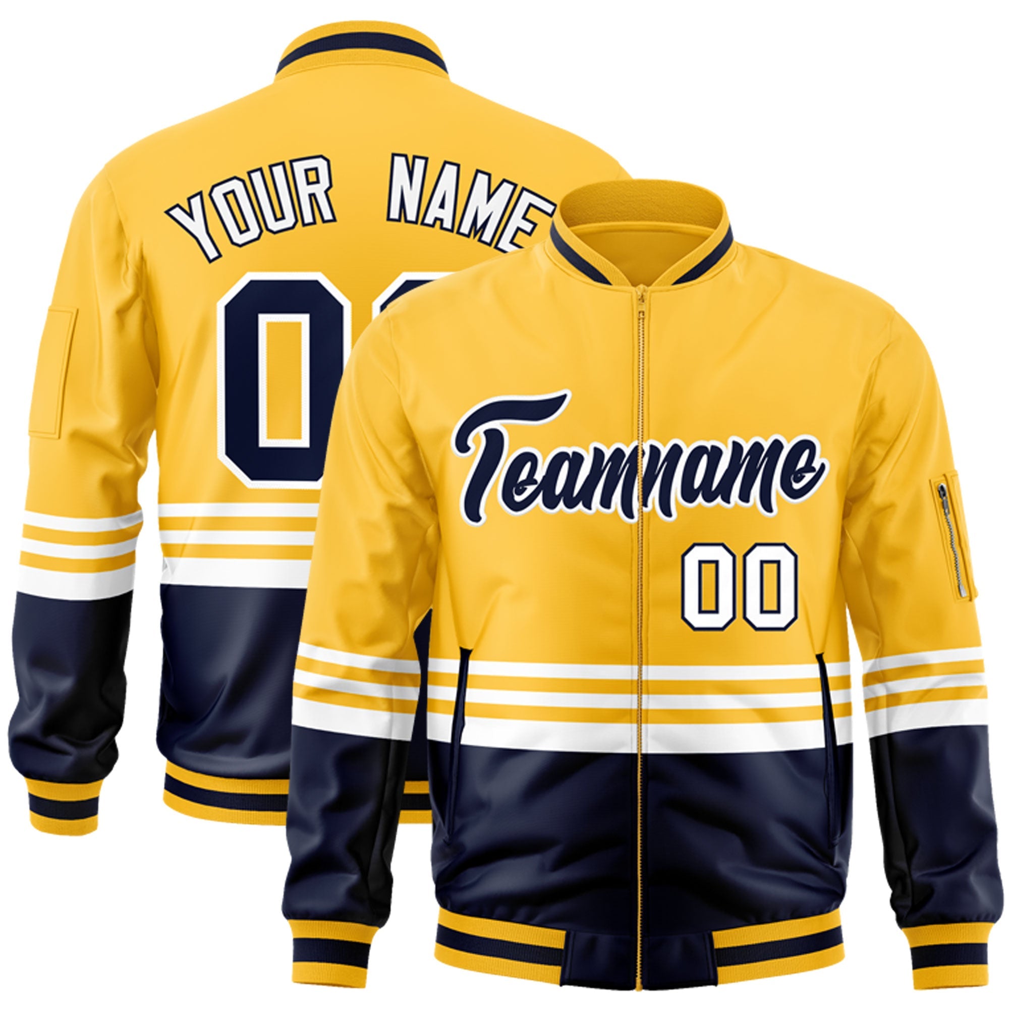 Custom Gold Navy-White Varsity Full-Zip Color Block Letterman Bomber Jacket