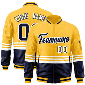 Custom Gold Navy-White Varsity Full-Zip Color Block Letterman Bomber Jacket