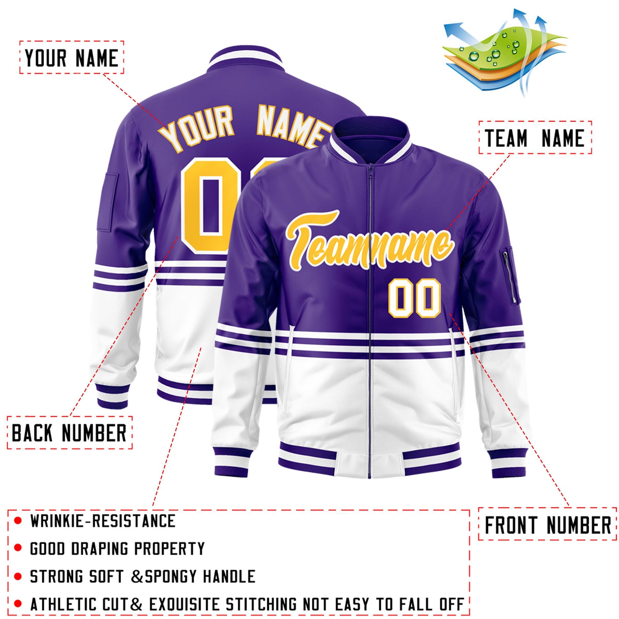 Custom Purple Gold-White Varsity Full-Zip Color Block Letterman Bomber Jacket