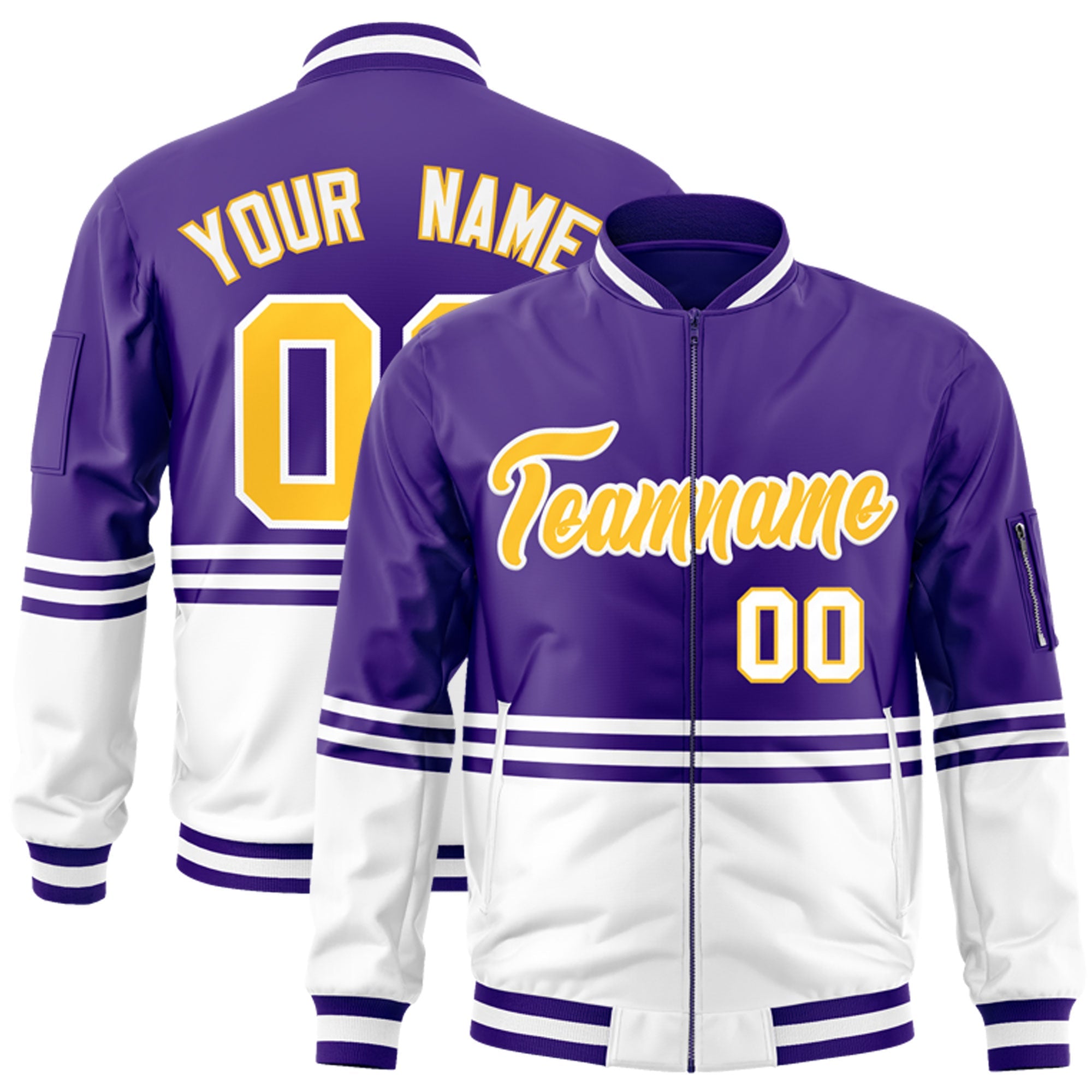 Custom Purple Gold-White Varsity Full-Zip Color Block Letterman Bomber Jacket