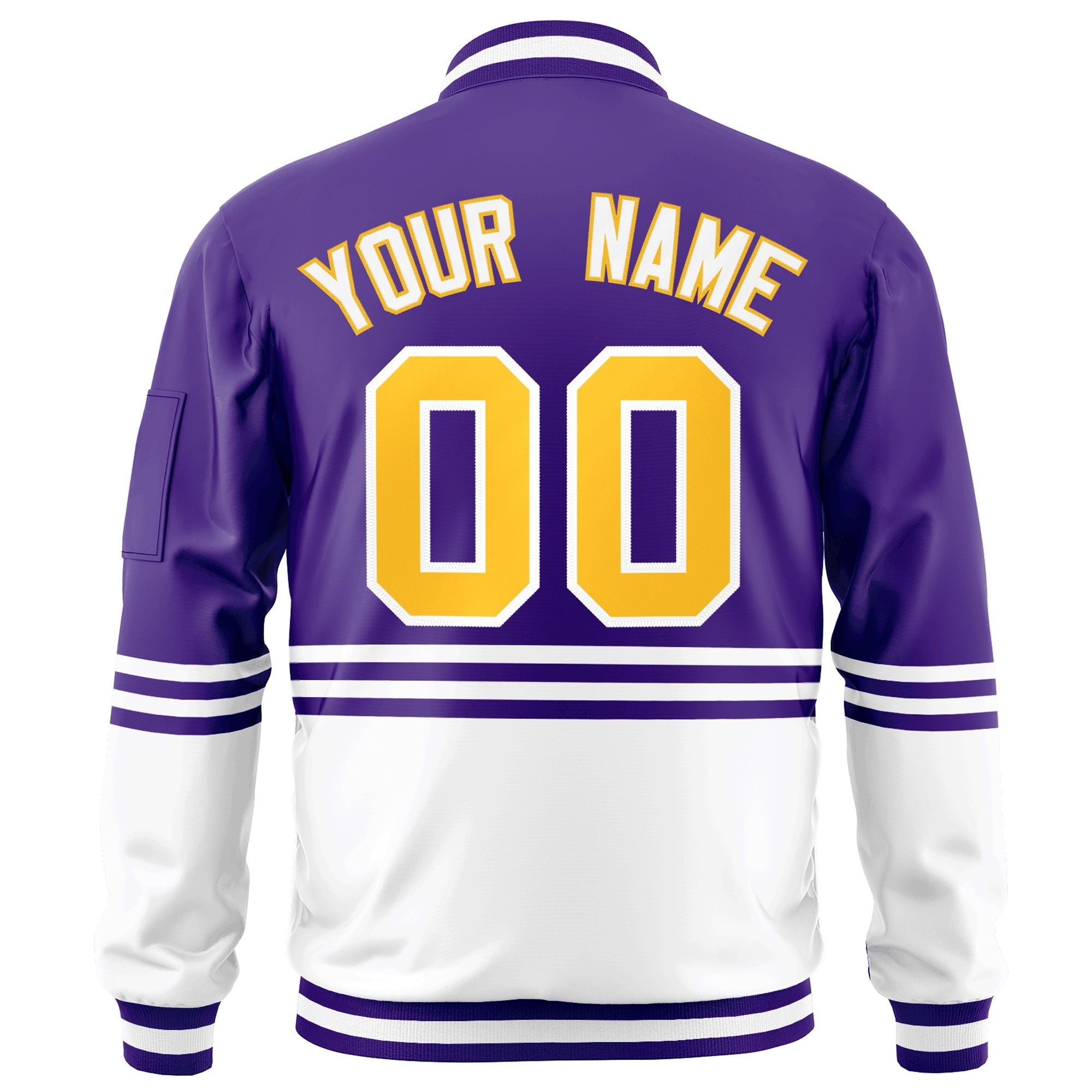 Custom Purple Gold-White Varsity Full-Zip Color Block Letterman Bomber Jacket