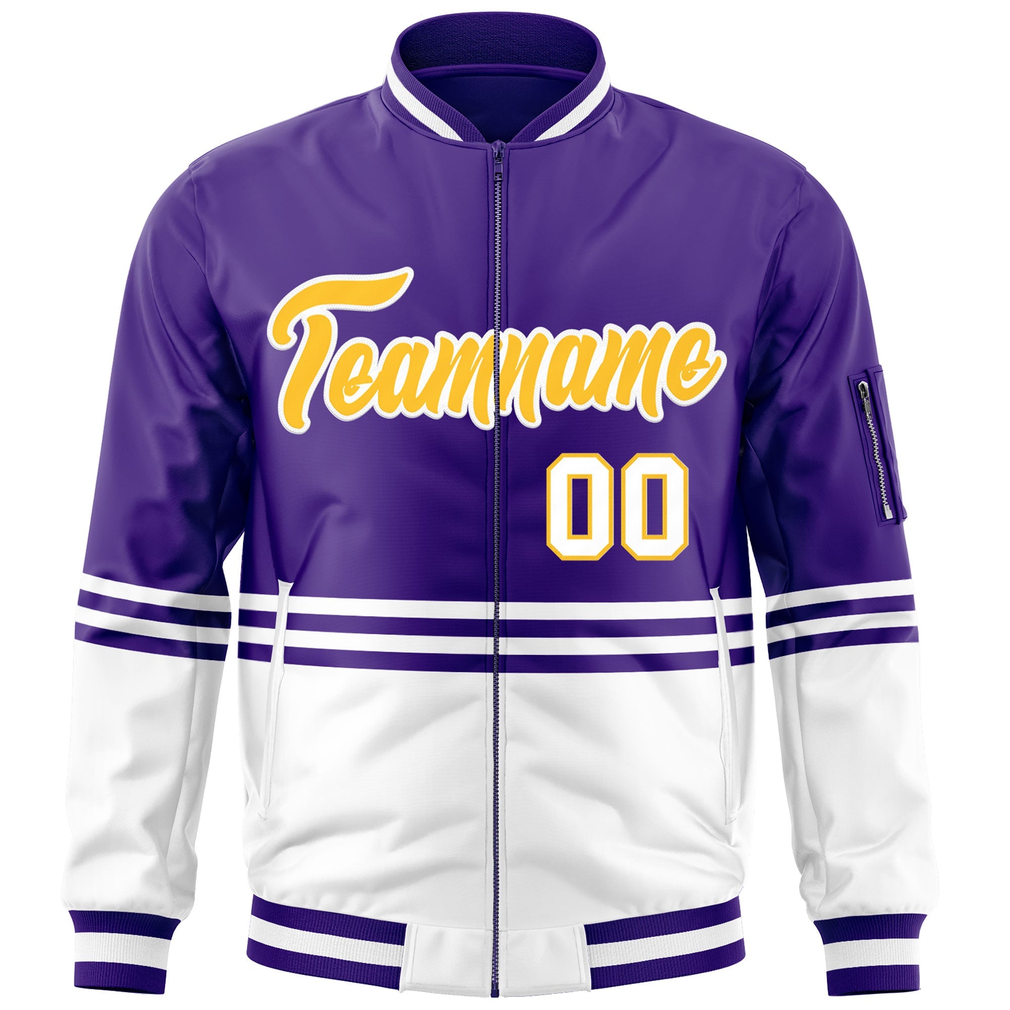 Custom Purple Gold-White Varsity Full-Zip Color Block Letterman Bomber Jacket