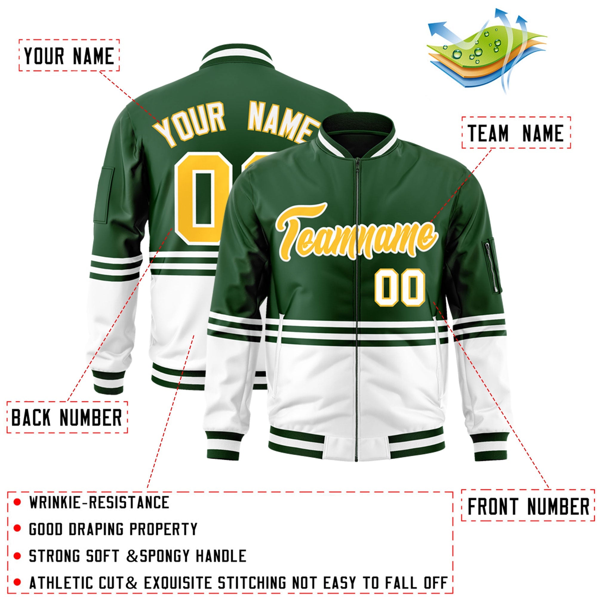 Custom Green Gold-White Varsity Full-Zip Color Block Letterman Bomber Jacket