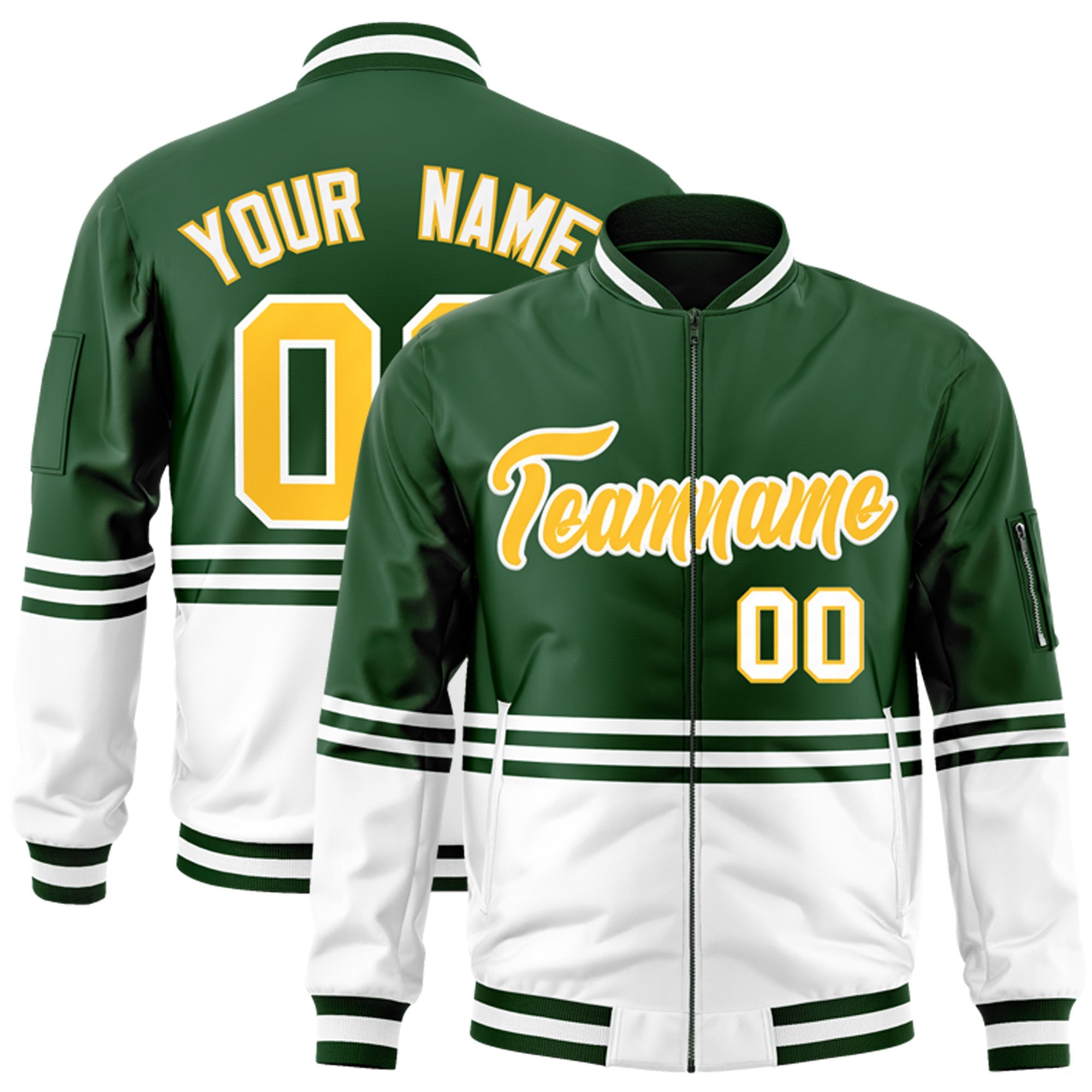 Custom Green Gold-White Varsity Full-Zip Color Block Letterman Bomber Jacket