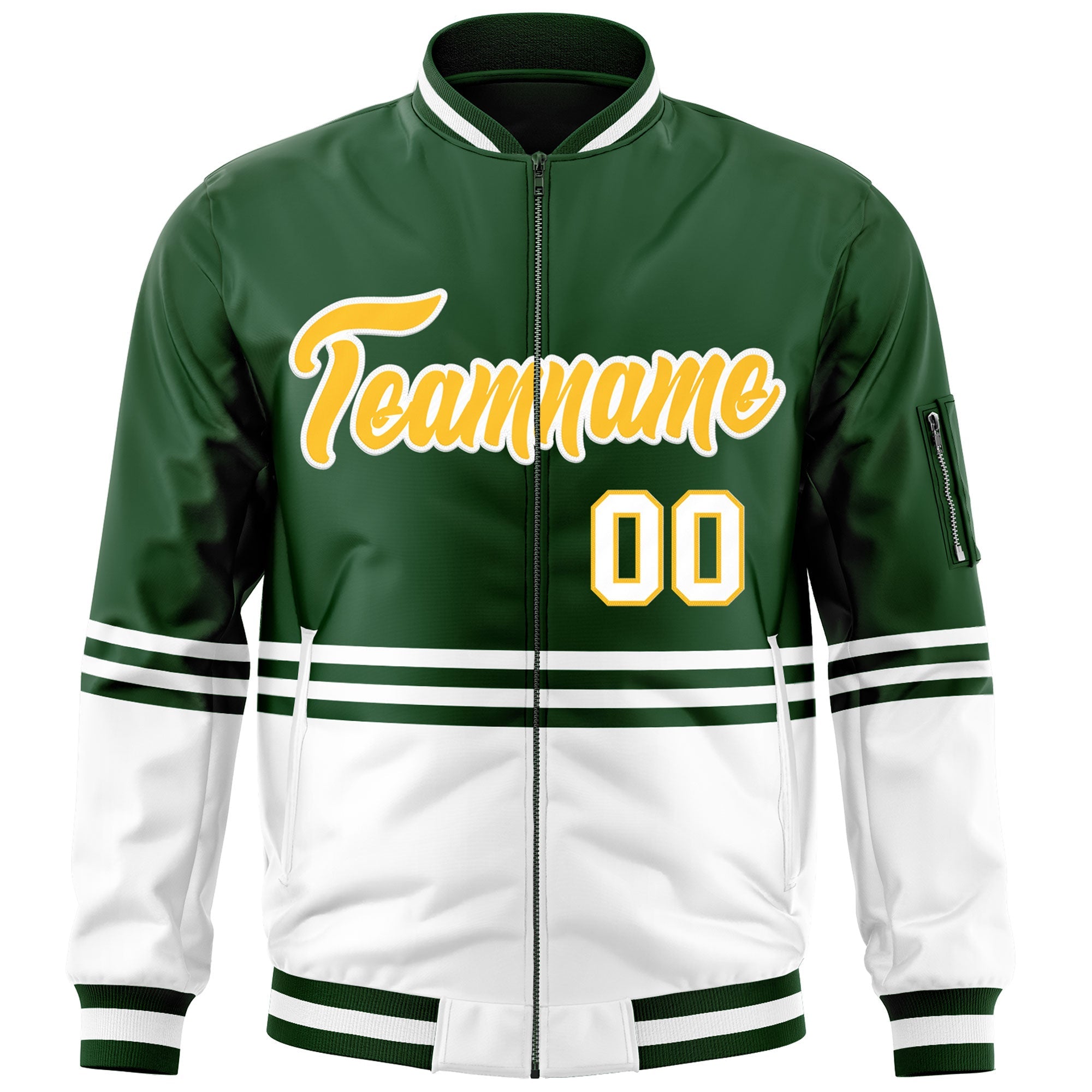 Custom Green Gold-White Varsity Full-Zip Color Block Letterman Bomber Jacket