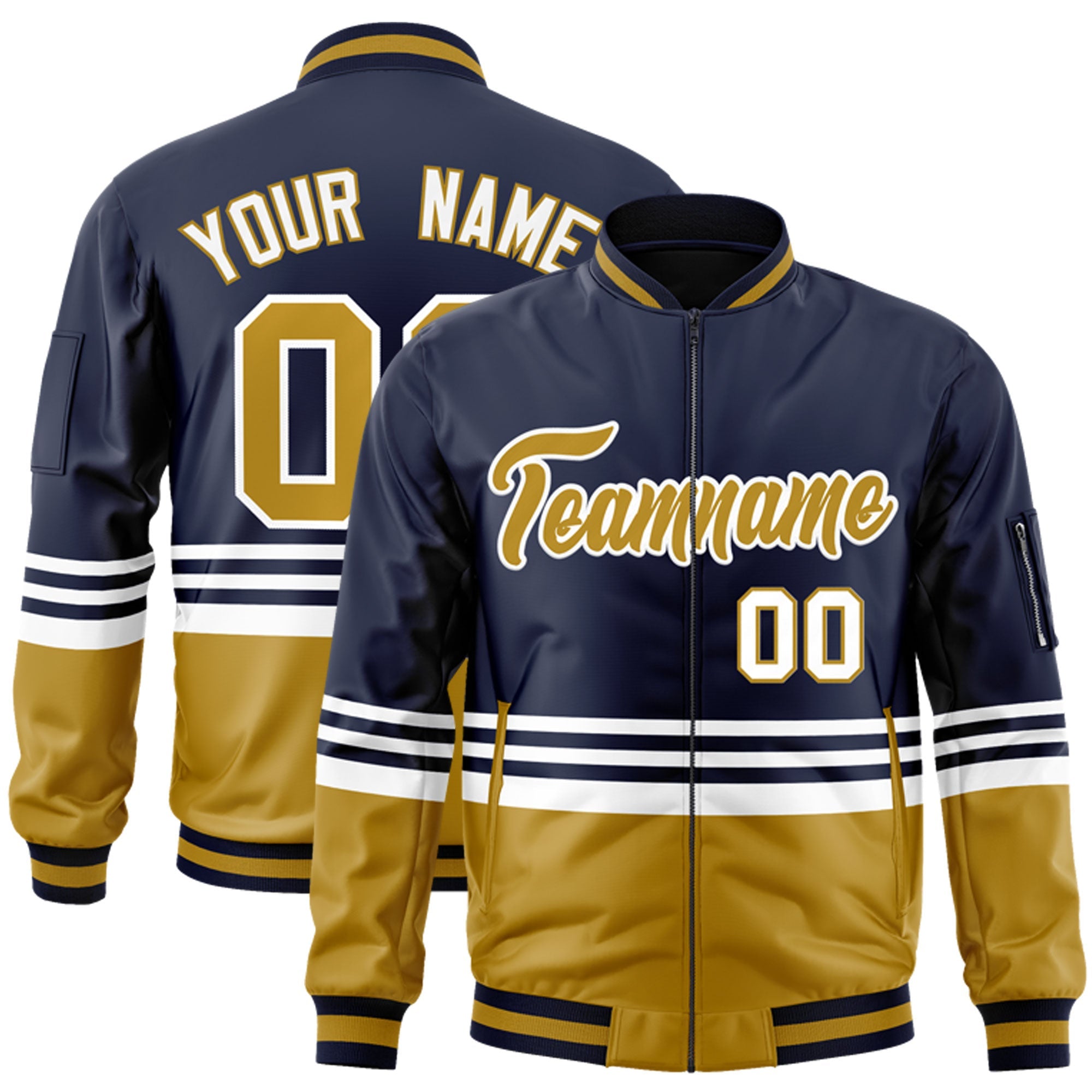 Custom Navy Old Gold-White Varsity Full-Zip Color Block Letterman Bomber Jacket