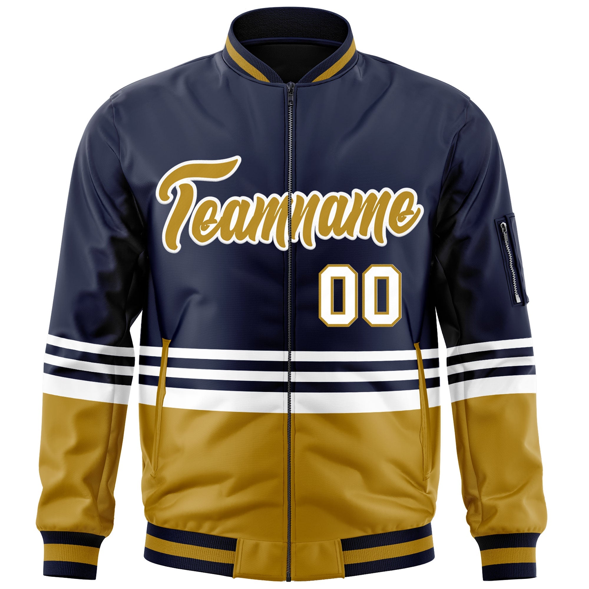 Custom Navy Old Gold-White Varsity Full-Zip Color Block Letterman Bomber Jacket