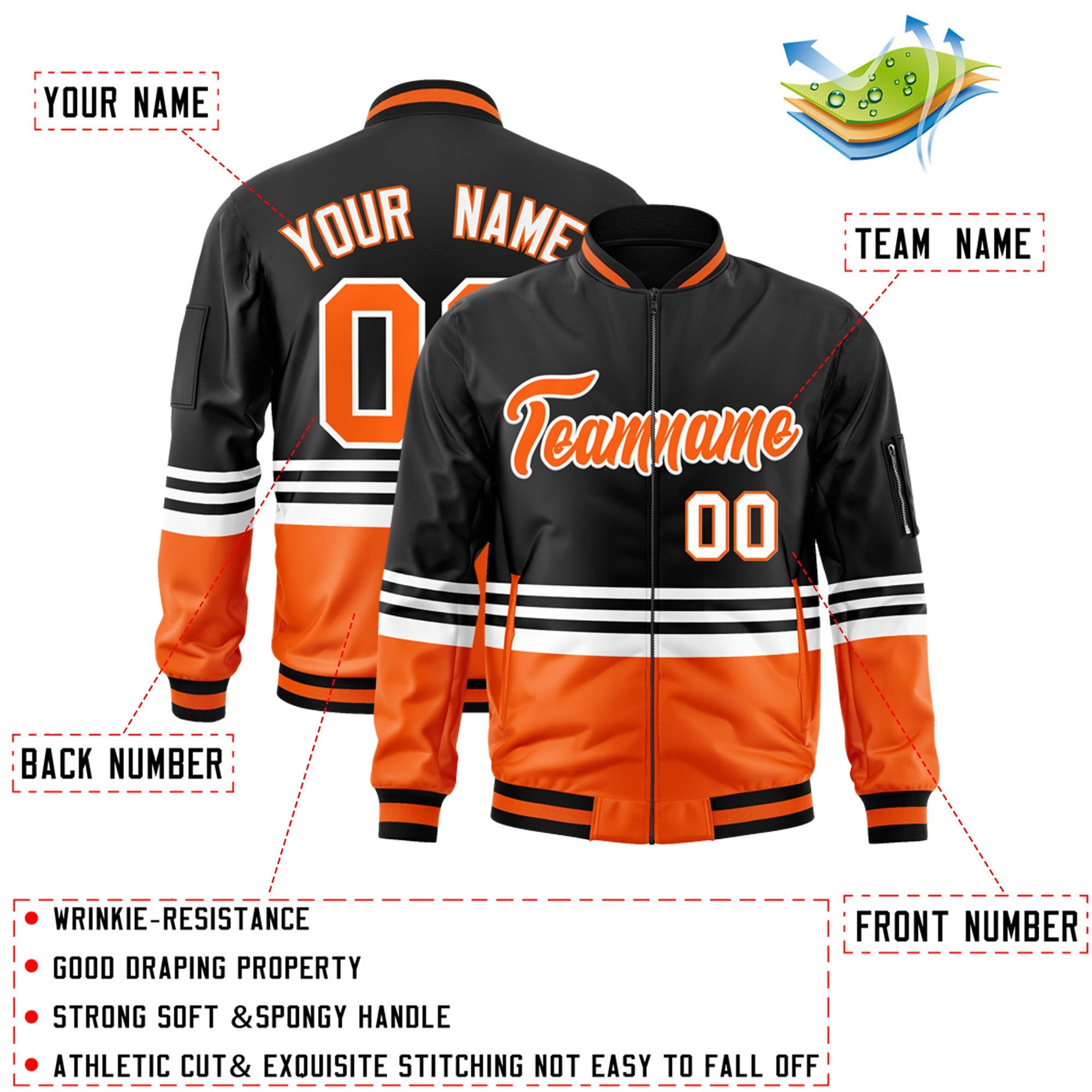 Custom Black Orange-White Varsity Full-Zip Color Block Letterman Bomber Jacket