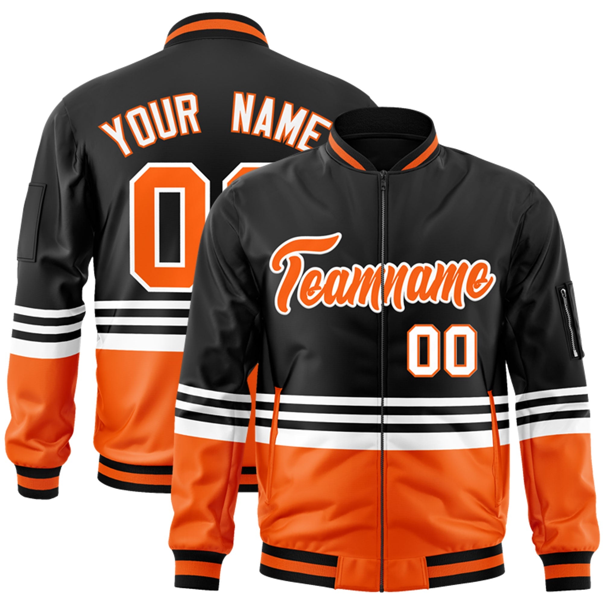 Custom Black Orange-White Varsity Full-Zip Color Block Letterman Bomber Jacket