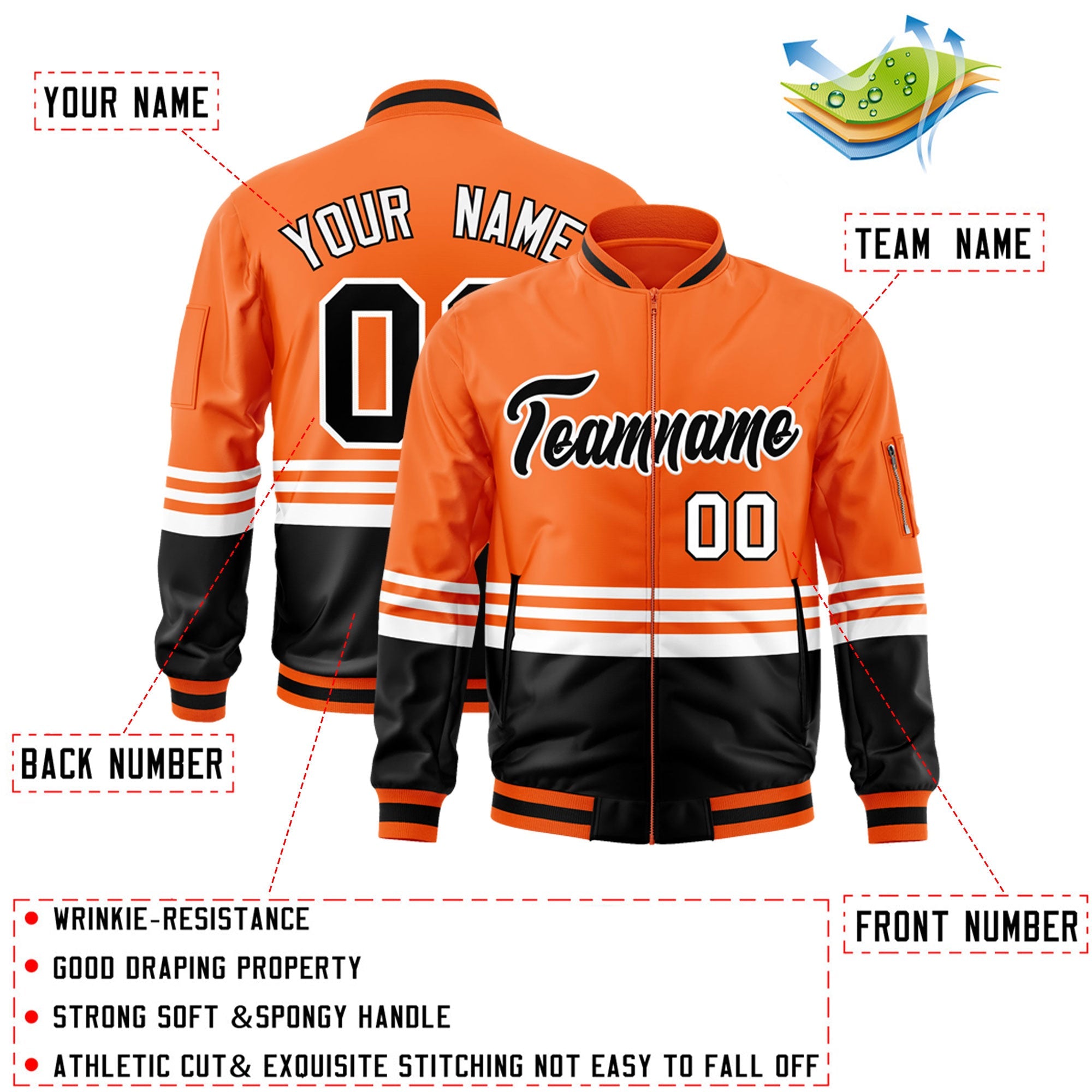 Custom Orange Black-White Varsity Full-Zip Color Block Letterman Bomber Jacket