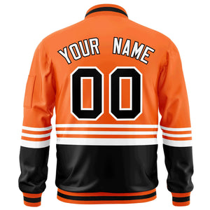 Custom Orange Black-White Varsity Full-Zip Color Block Letterman Bomber Jacket